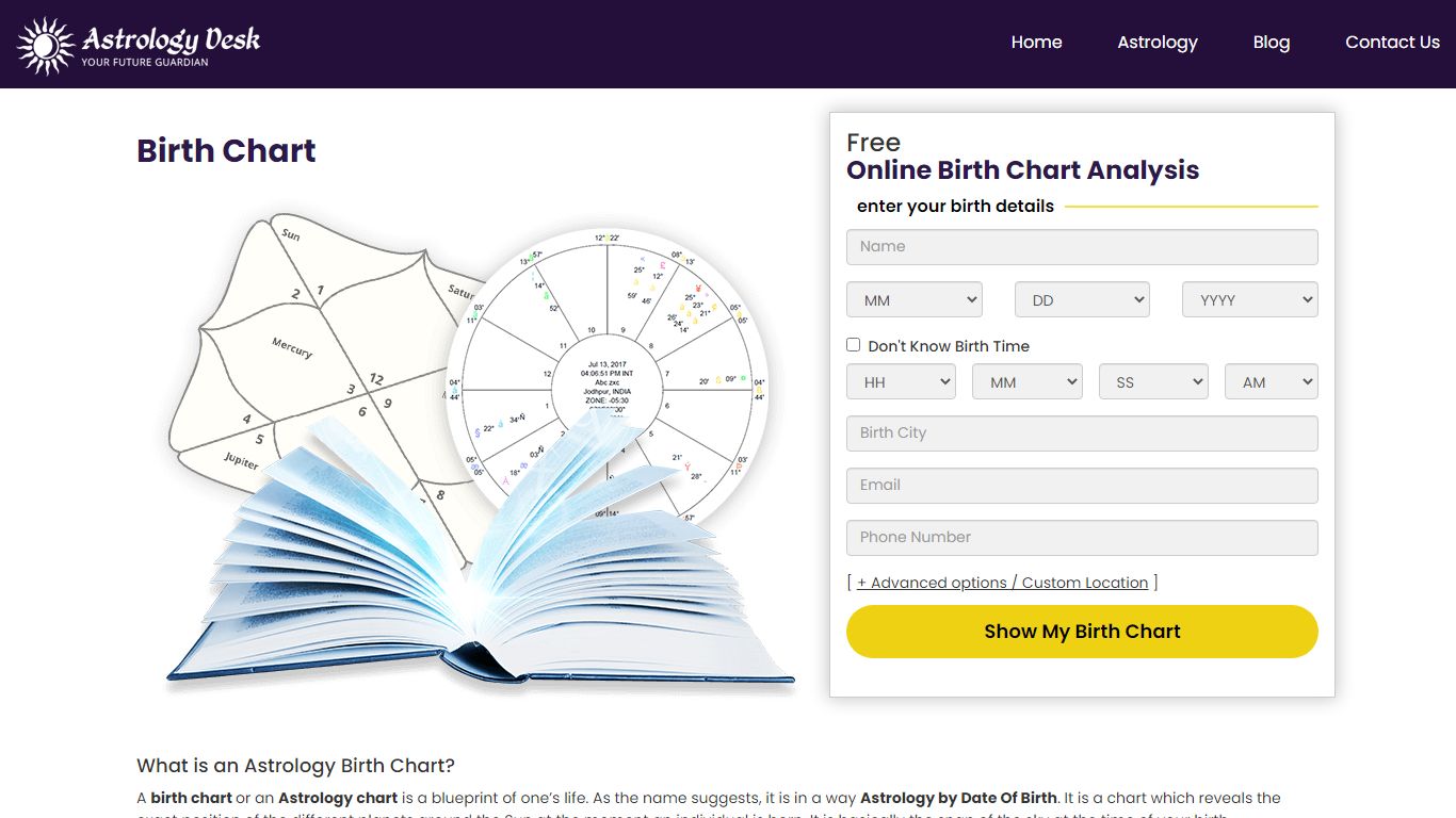 Free Online Birth Chart calculator & Analysis by Date of Birth & Time